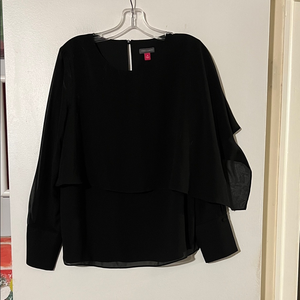 Vince Camuto black chiffon long sleeve top with overlay.
